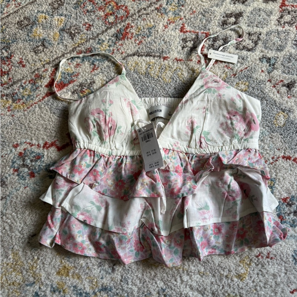 Hollister White Tank Top with Pink Floral Ruffle Tiers